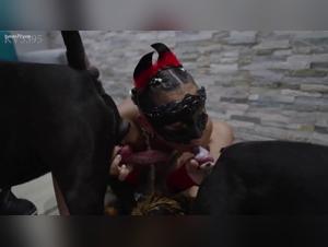 Mia sucks the cock of two big dogs