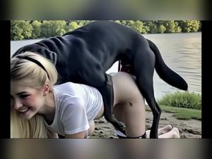 black lab dominance, blonde pleasure riverbank