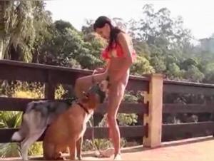 Two dogs and a woman have fun outdoors
