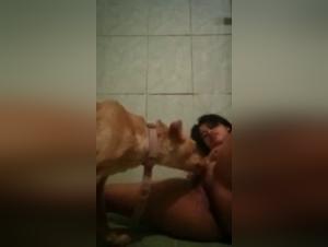 Bestiality sex with a dog in the bathroom