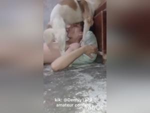 Teenage girl and dog in bestiality sex scene
