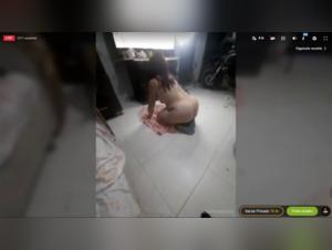 Colombian girl in a bestial show with a dog