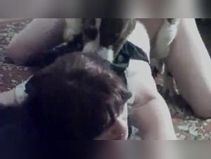 woman can't get loose from dog knot