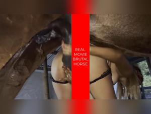 Un perro grande y un caballo teniendo relaciones con una mujer