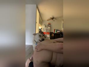 Eine Frau lässt sich vom Hund den Arsch lecken