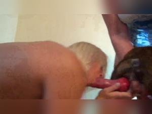 Femme fatale and her canine lover in a bestial video