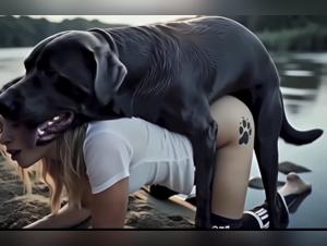 blond bombshell, black lab sex on riverbank