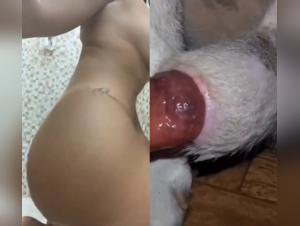 Latina with hairy pussy fucked by dog